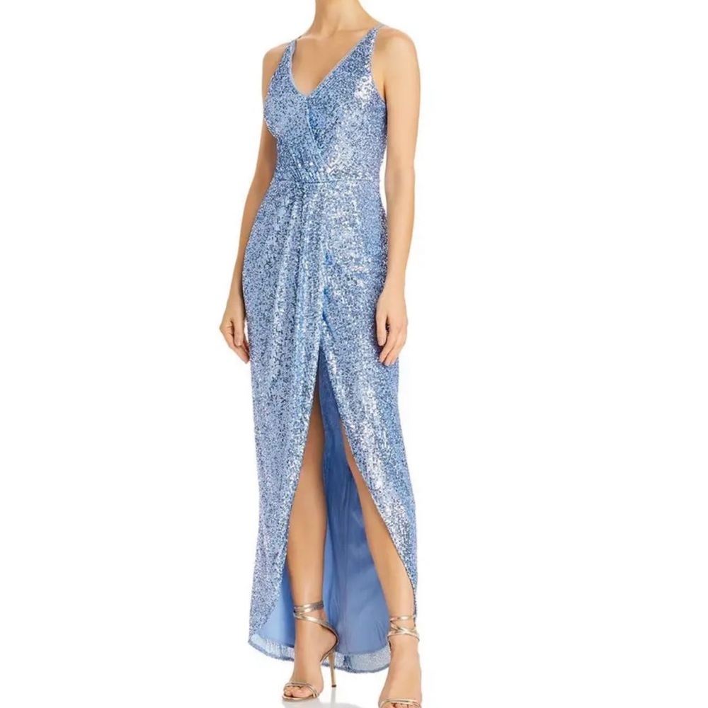 Aqua Women’s Formal Dress Size 8 Blue Allover Sequins Long Wrap Evening Gown NWT